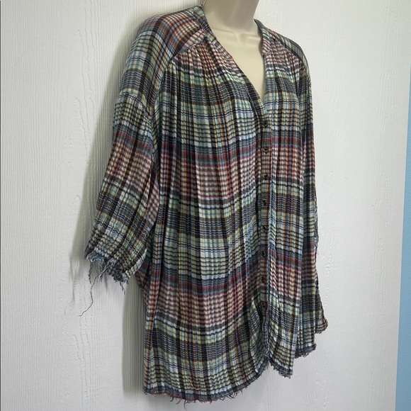 Free People - Boho Cottage Plaid Colorful Button Down Oversized Blouse Size Med - Picture 4 of 11